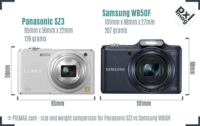 Panasonic SZ3 vs Samsung WB50F size comparison