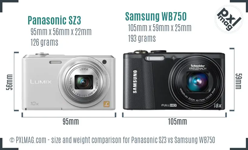 Panasonic SZ3 vs Samsung WB750 size comparison
