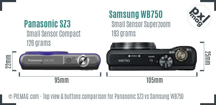 Panasonic SZ3 vs Samsung WB750 top view buttons comparison