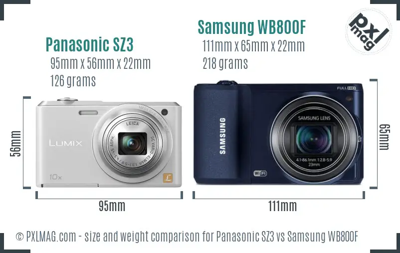 Panasonic SZ3 vs Samsung WB800F size comparison