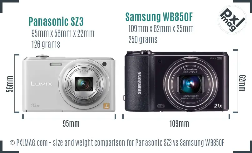 Panasonic SZ3 vs Samsung WB850F size comparison