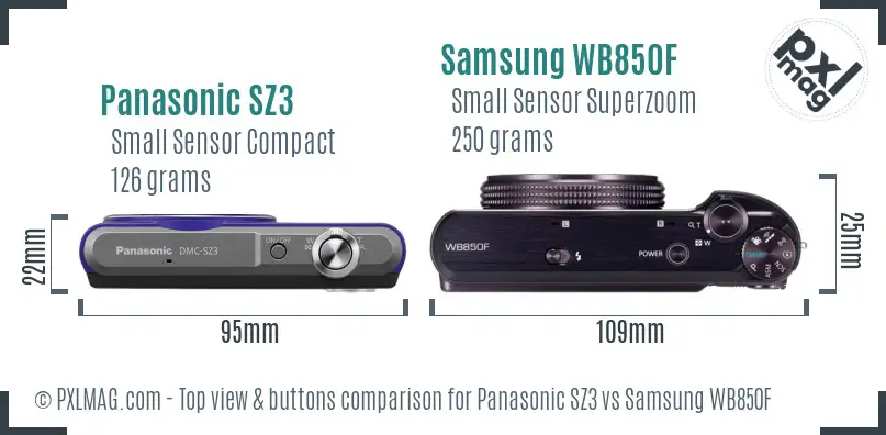 Panasonic SZ3 vs Samsung WB850F top view buttons comparison