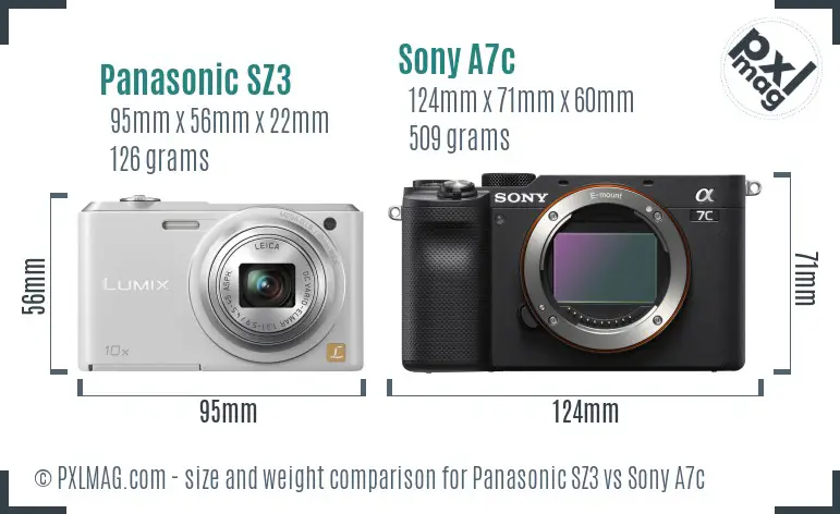 Panasonic SZ3 vs Sony A7c size comparison