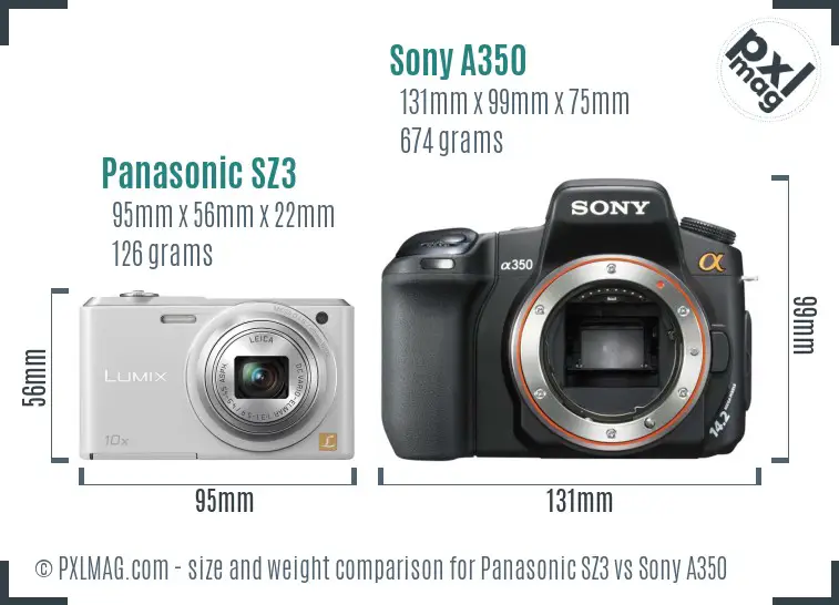 Panasonic SZ3 vs Sony A350 size comparison