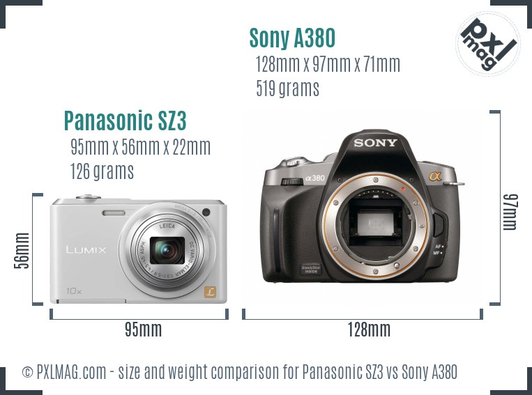 Panasonic SZ3 vs Sony A380 size comparison