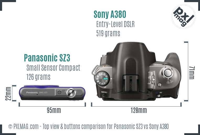 Panasonic SZ3 vs Sony A380 top view buttons comparison