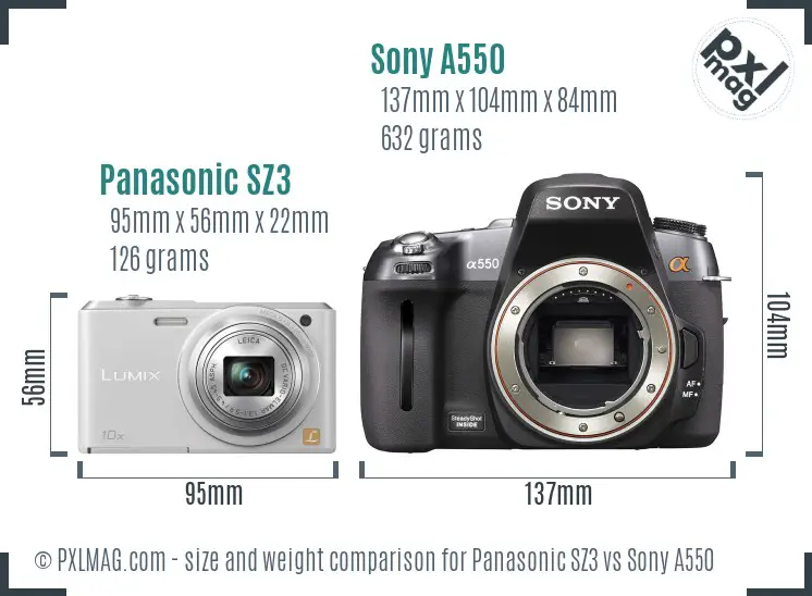 Panasonic SZ3 vs Sony A550 size comparison