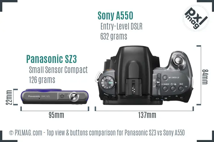 Panasonic SZ3 vs Sony A550 top view buttons comparison