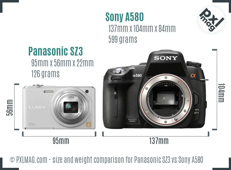 Panasonic SZ3 vs Sony A580 size comparison