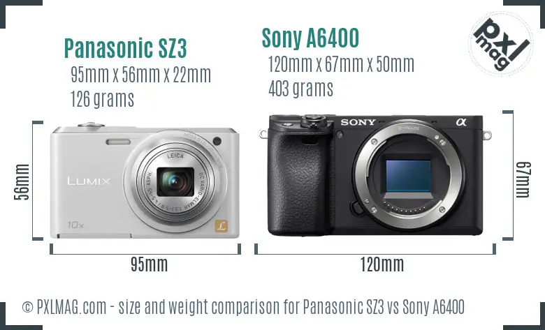 Panasonic SZ3 vs Sony A6400 size comparison