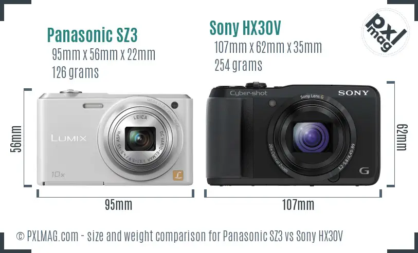 Panasonic SZ3 vs Sony HX30V size comparison