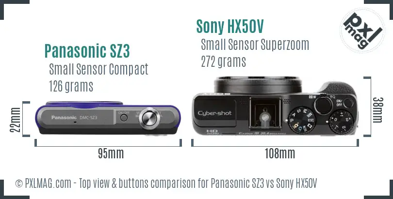 Panasonic SZ3 vs Sony HX50V top view buttons comparison Panasonic SZ3 vs Sony HX50V top view buttons comparison