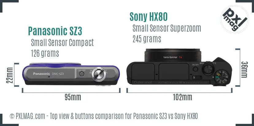 Panasonic SZ3 vs Sony HX80 top view buttons comparison Panasonic SZ3 vs Sony HX80 top view buttons comparison