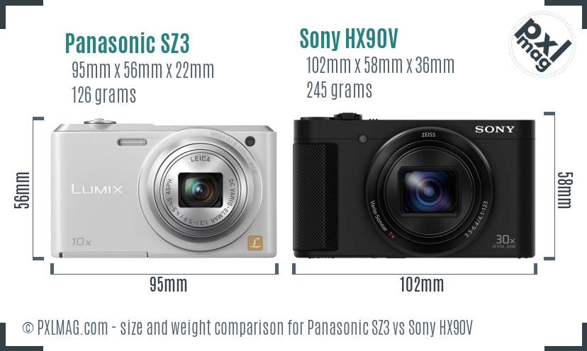 Panasonic SZ3 vs Sony HX90V size comparison