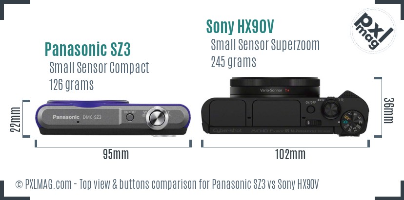 Panasonic SZ3 vs Sony HX90V top view buttons comparison