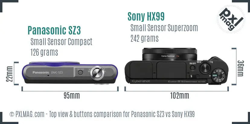 Panasonic SZ3 vs Sony HX99 top view buttons comparison Panasonic SZ3 vs Sony HX99 top view buttons comparison