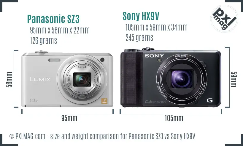 Panasonic SZ3 vs Sony HX9V size comparison