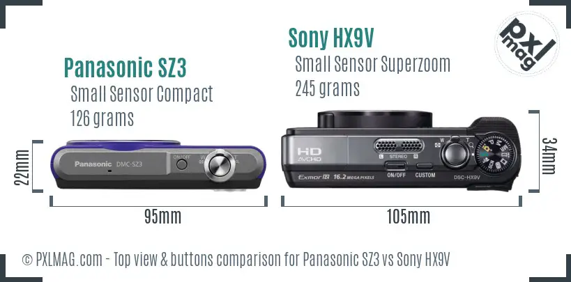 Panasonic SZ3 vs Sony HX9V top view buttons comparison