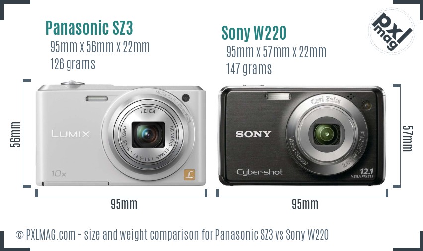 Panasonic SZ3 vs Sony W220 size comparison