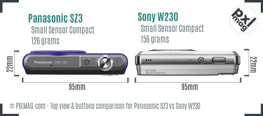 Panasonic SZ3 vs Sony W230 top view buttons comparison Panasonic SZ3 vs Sony W230 top view buttons comparison