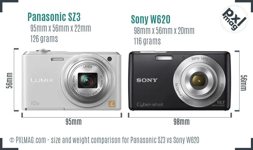 Panasonic SZ3 vs Sony W620 size comparison