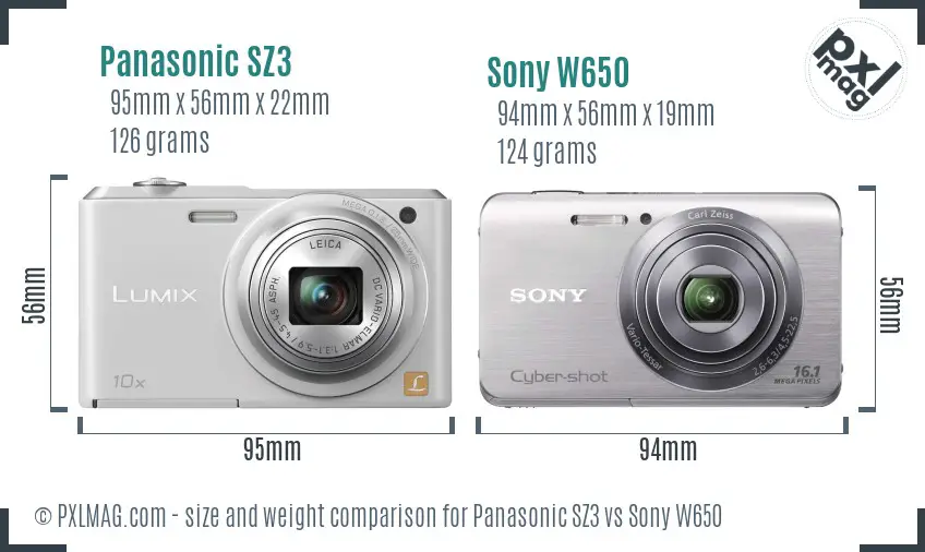 Panasonic SZ3 vs Sony W650 size comparison