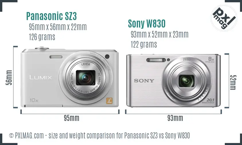 Panasonic SZ3 vs Sony W830 size comparison