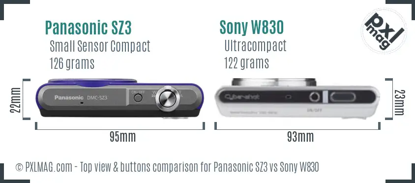 Panasonic SZ3 vs Sony W830 top view buttons comparison