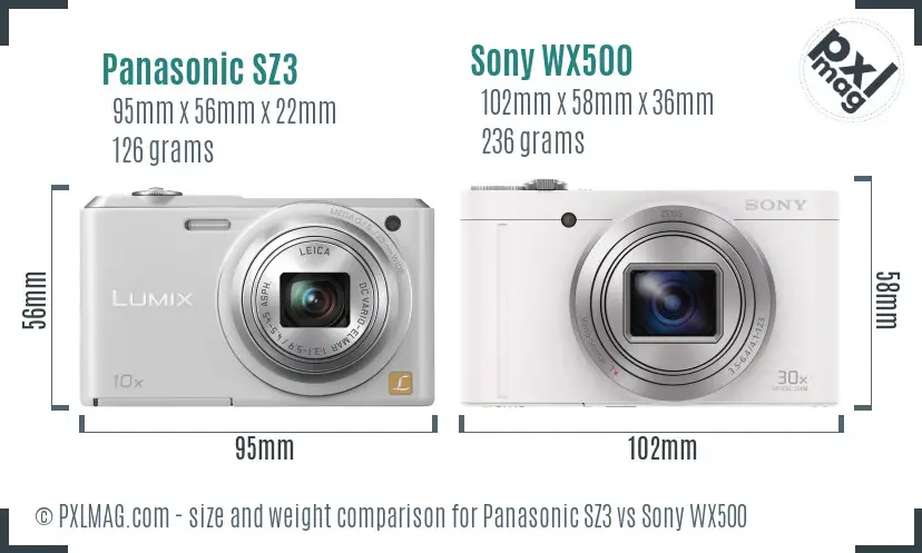 Panasonic SZ3 vs Sony WX500 size comparison