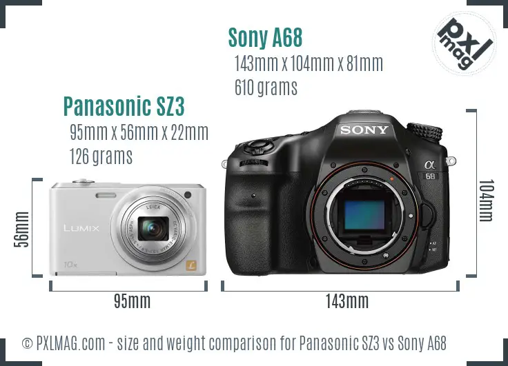 Panasonic SZ3 vs Sony A68 size comparison