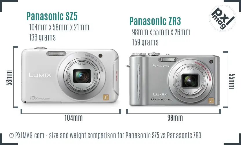 Panasonic SZ5 vs Panasonic ZR3 size comparison