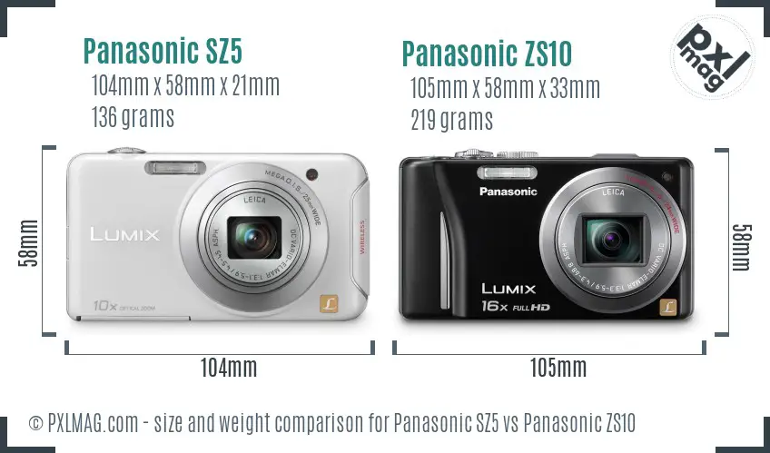 Panasonic SZ5 vs Panasonic ZS10 size comparison