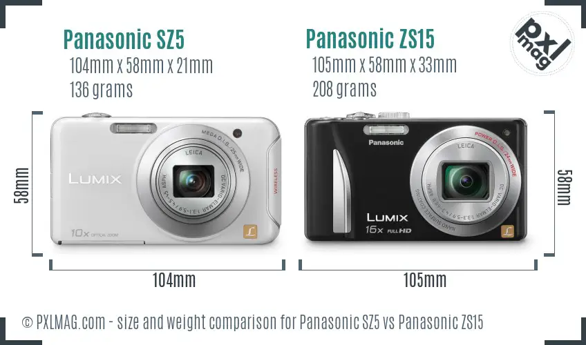 Panasonic SZ5 vs Panasonic ZS15 size comparison