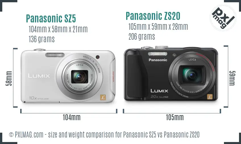 Panasonic SZ5 vs Panasonic ZS20 size comparison