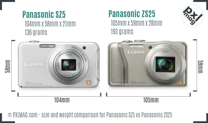 Panasonic SZ5 vs Panasonic ZS25 size comparison