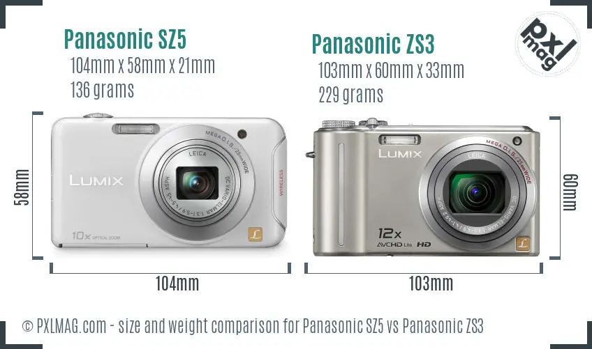 Panasonic SZ5 vs Panasonic ZS3 size comparison