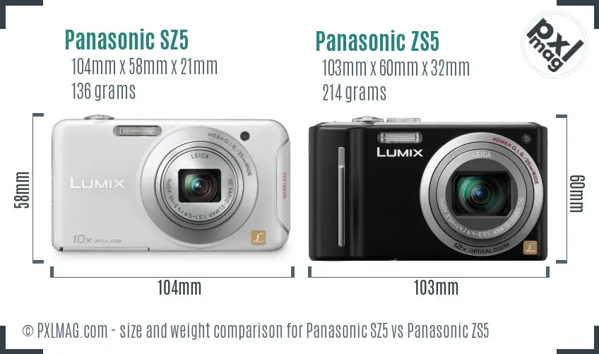 Panasonic SZ5 vs Panasonic ZS5 size comparison