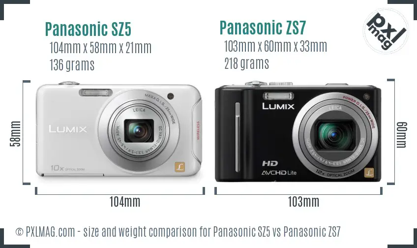 Panasonic SZ5 vs Panasonic ZS7 size comparison