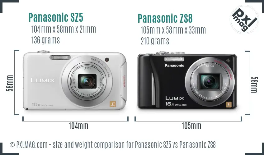 Panasonic SZ5 vs Panasonic ZS8 size comparison