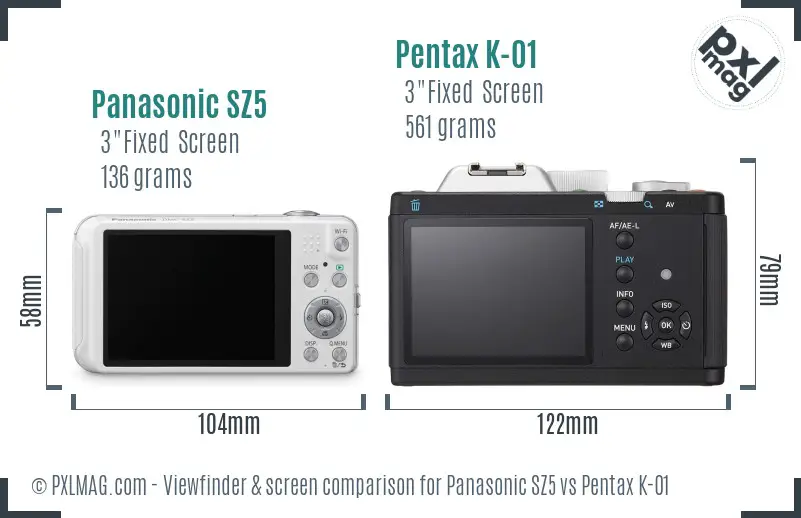 Panasonic SZ5 vs Pentax K-01 Screen and Viewfinder comparison