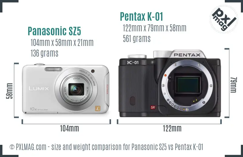 Panasonic SZ5 vs Pentax K-01 size comparison