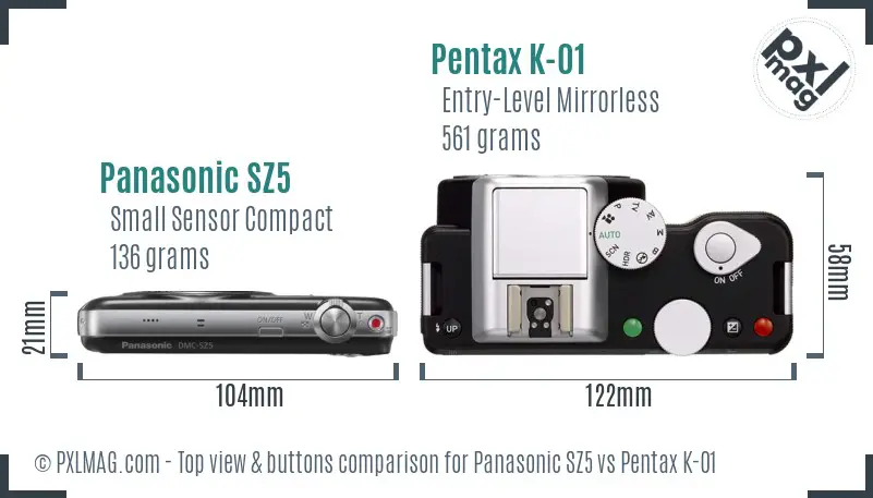 Panasonic SZ5 vs Pentax K-01 top view buttons comparison