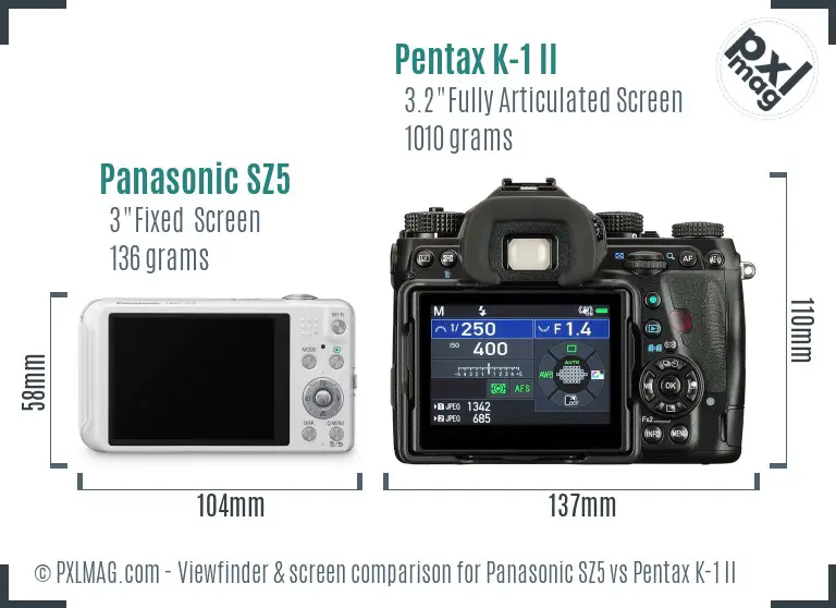 Panasonic SZ5 vs Pentax K-1 II Screen and Viewfinder comparison