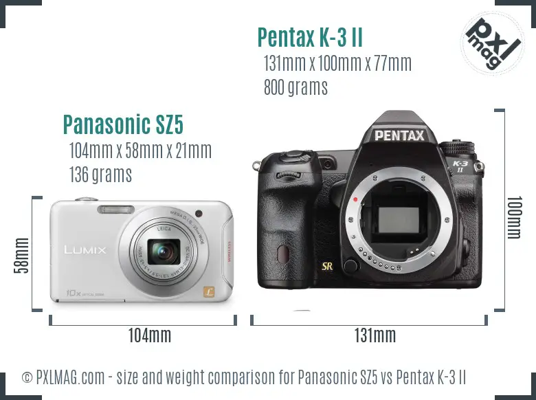 Panasonic SZ5 vs Pentax K-3 II size comparison