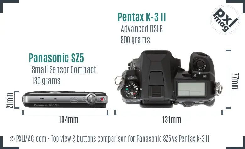 Panasonic SZ5 vs Pentax K-3 II top view buttons comparison