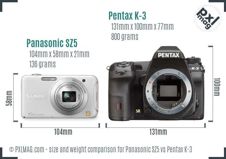 Panasonic SZ5 vs Pentax K-3 size comparison
