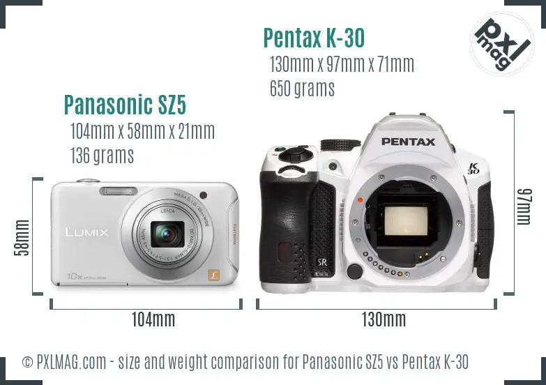 Panasonic SZ5 vs Pentax K-30 size comparison