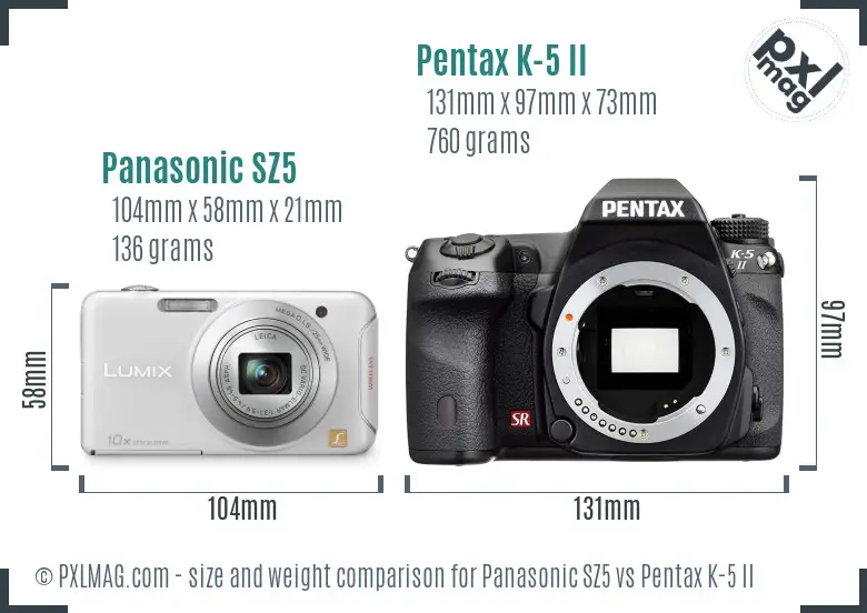 Panasonic SZ5 vs Pentax K-5 II size comparison