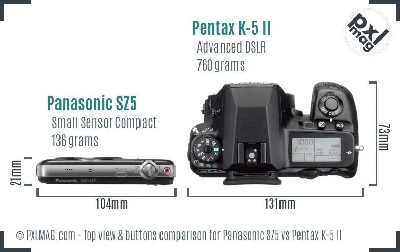 Panasonic SZ5 vs Pentax K-5 II top view buttons comparison