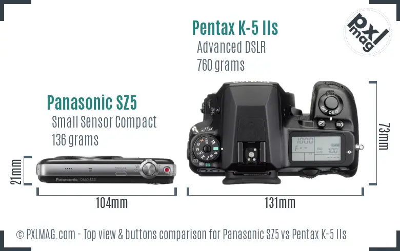 Panasonic SZ5 vs Pentax K-5 IIs top view buttons comparison